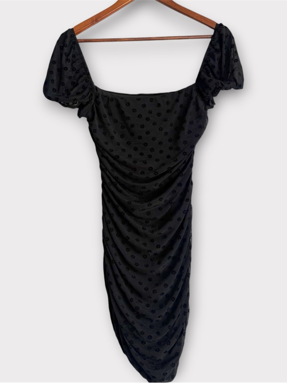 Princess Polly Black Rouched Mesh Polka Dot Floral Mini Dress Size US 8